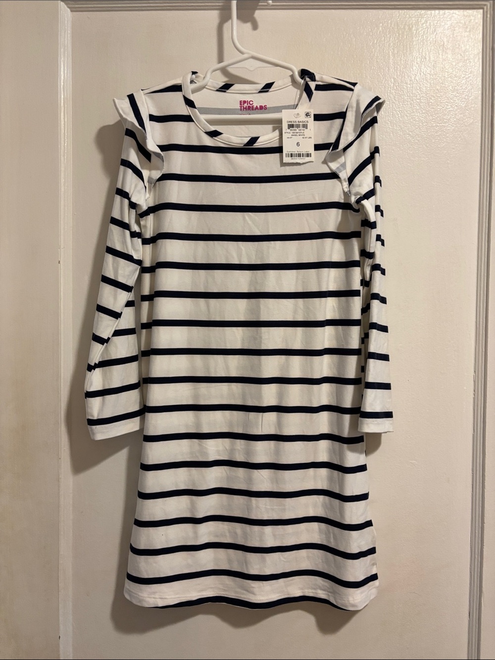 NWT girls size 6 Epic Threads White & Navy Striped Ruffle-Shoulder Dress